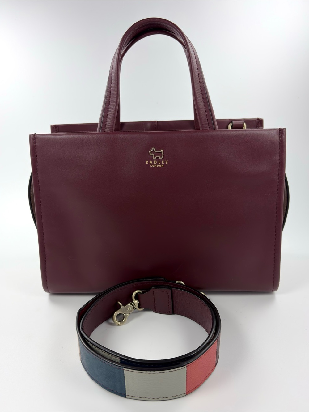 Radley London Hope Place Stripe Strap Burgundy Leather Satchel EUC - Picture 5 of 16